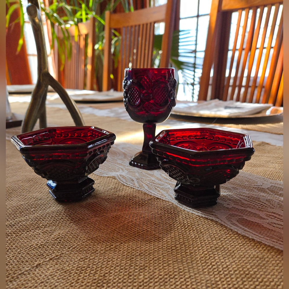 Avon Vintage 1876 Cape Cod Ruby Red Cut Glasses Goblet & Bowls